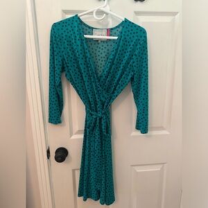 Leota Polka Dot Midi Dress, knee length. Teal. Small.